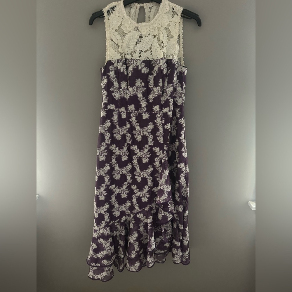 Nanette Lepore lace detail purple and cream asymmetrical dress size 2